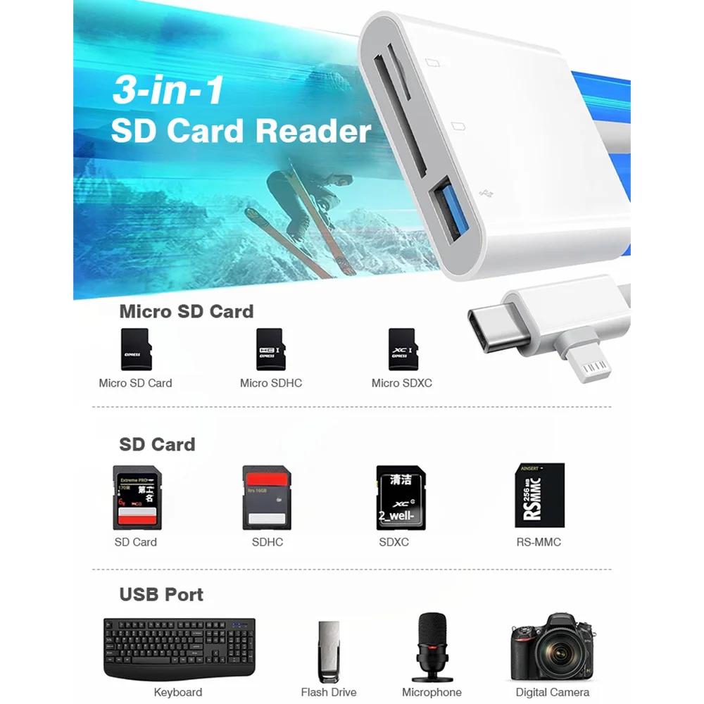 3 in 2 OTG Card Reader Type-C Lightning to SD/TF/USB Memory Card Adapter For Laptops iPhone 17 Multi-Function Smart Card Reader 3