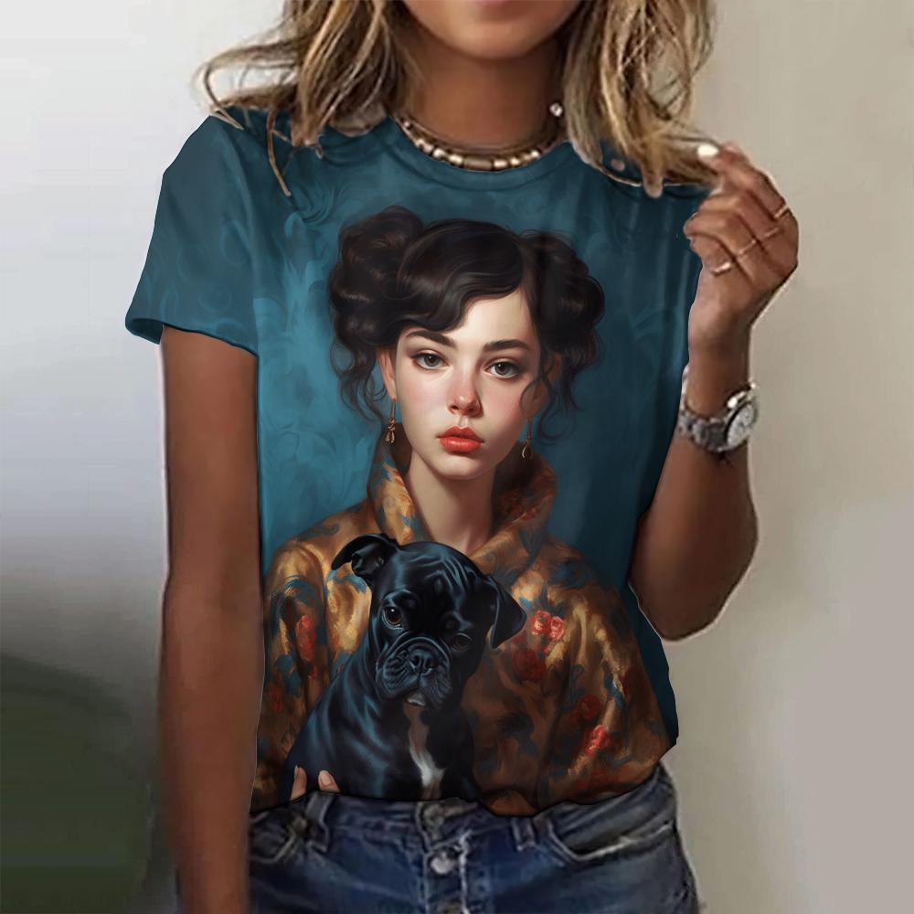 2024 Летняя мода 3D цветной принтованный мультфильм женская футболка уличная удобная свободная круглая горловина короткий рукав топ