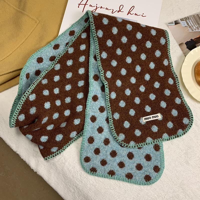 Korean Style Color-Block Polka Dot Double-Sided Scarf For Women Fashion Warm Thickened Furry Knitted Scarfves