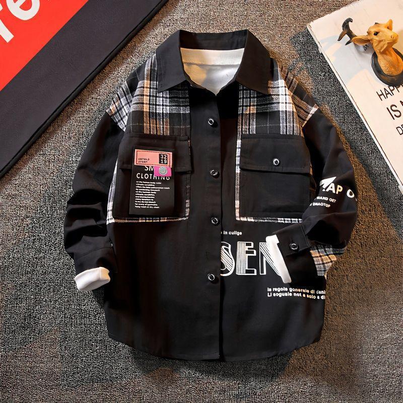 Spring and Autumn Boys Long-sleeved Shirt Plaid Shirt Kids Street Coat