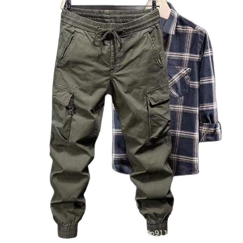 Casual Overalls Men's Spring and Autumn Loose Tied Feet Multi-pocket Solid Color Overalls Men