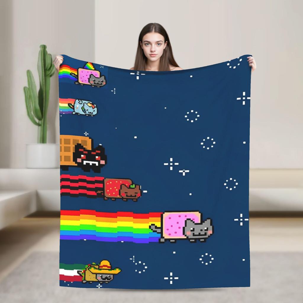 Cat Rainbow Pixel Space Nyans Blanket Flannel Textile Decor Multifunction Soft Throw Blankets for Bedding Couch Rug Piece