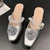 Fashion Elegant Mid Heels Women Slippers Flower Bead Heeled Shoes 2025 Fashion New Sandals Pumps Summer Trend Square Toe Shallow Slides