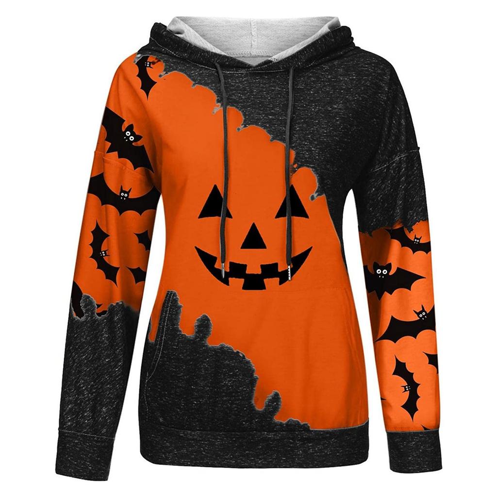 Women's Casual Fashion 2022 Halloween Print Long Sleeve Pullover Hooded Top