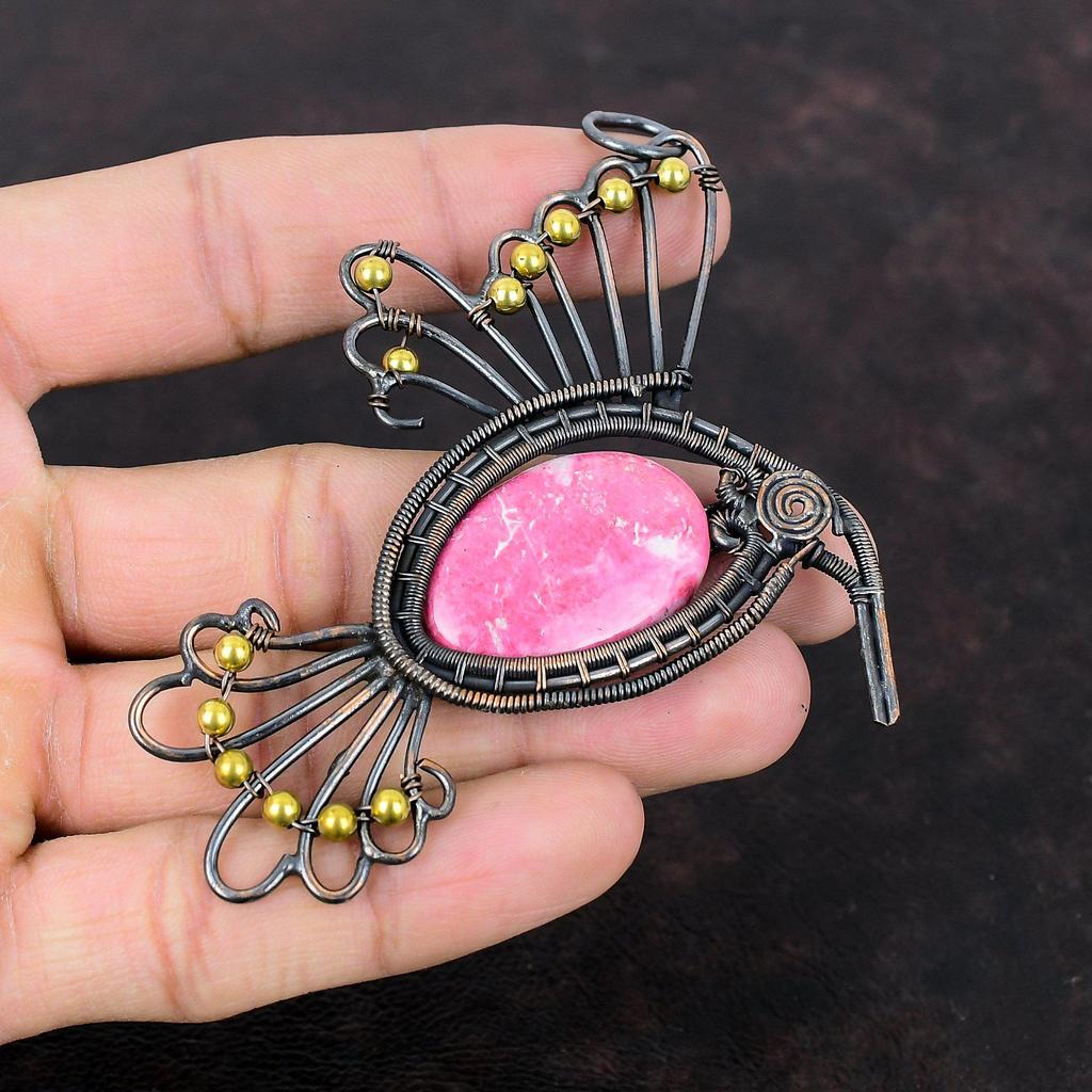 Кулон из тулита, кулон в медной проволоке, кулон из настоящего драгоценного камня, ювелирные изделия из тулита, кулон ручной работы, медный ювелирный подарок для нее, кулон с птицей