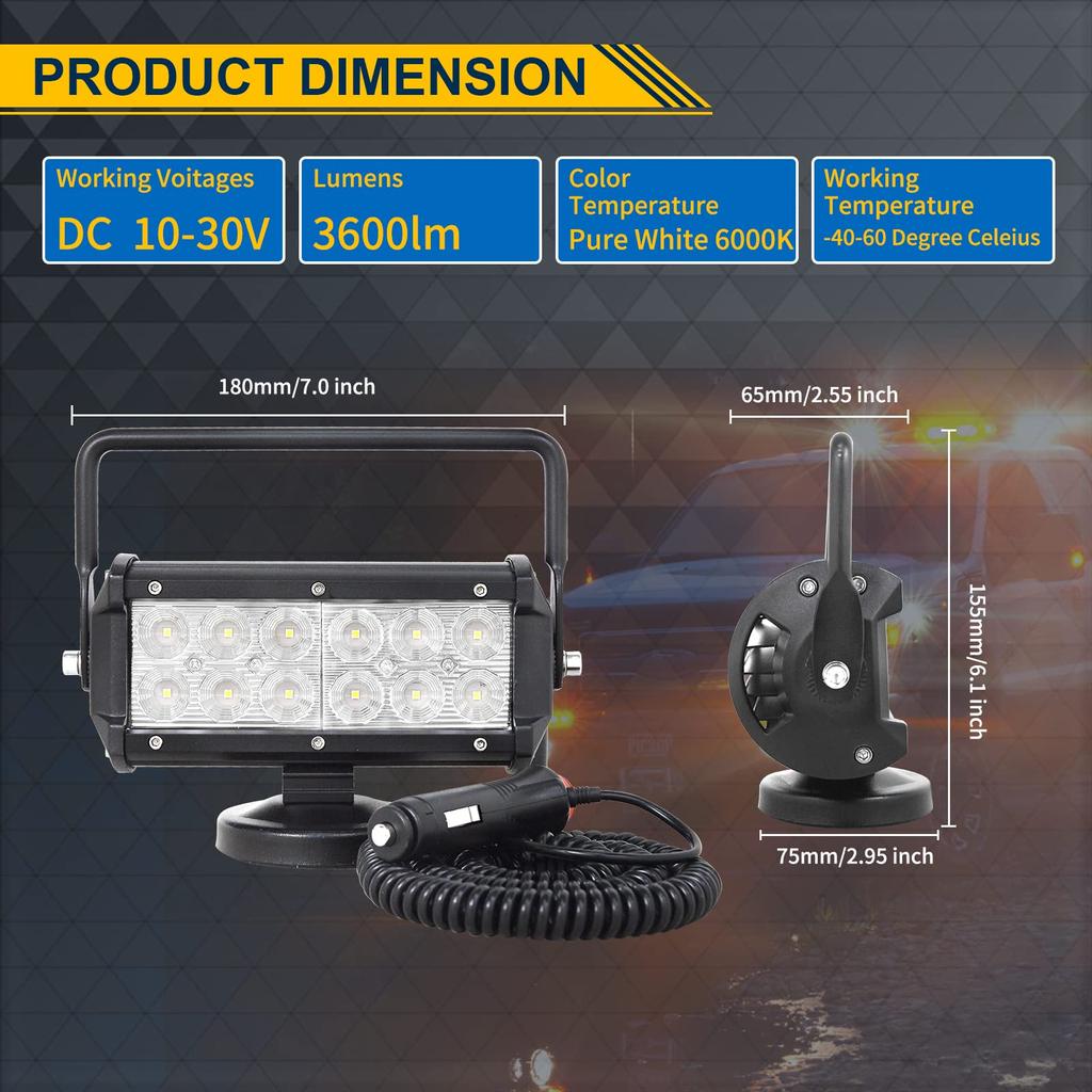 1 шт. Ручной рабочий светильник 7 дюймов 36 Вт с магнитным основанием, светодиодный широкоугольный прожектор 6000 К, водонепроницаемый и пылезащитный 12 В/24 В, универсальный