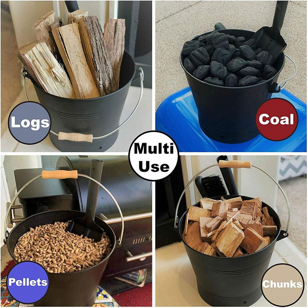 Fireplace Ash Bucket with Lid,Iron,Essential,Ash Pail Spade and Hand Broom for Wood Burning