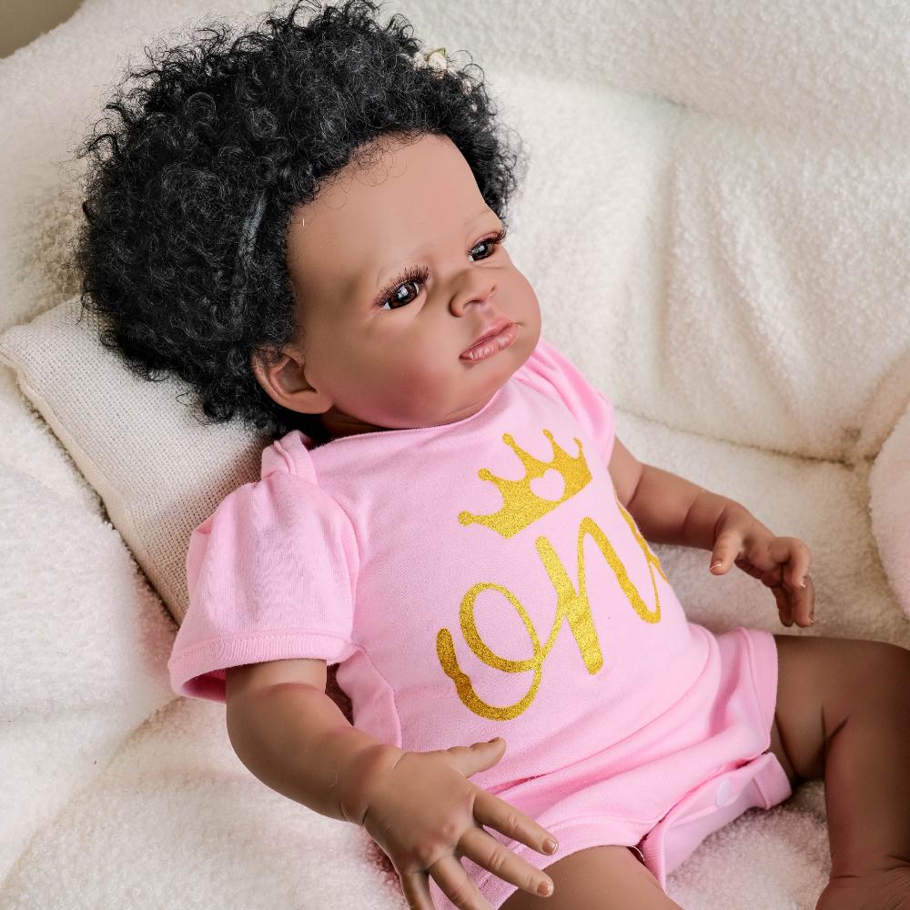 19-дюймовая мягкая тканевая кукла-реборн Лэнни, африканская американская темнокожая кукла-новорожденный, реалистичная, с имплантированными руками, вьющимися волосами, куклы-реборн для детей, игрушка
