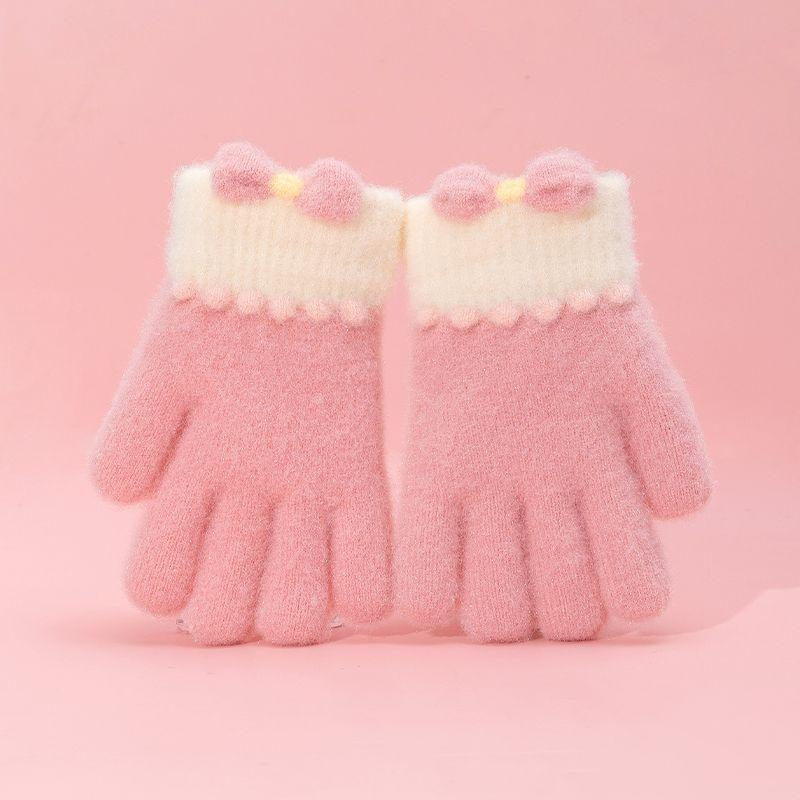 Защищающие от холода осенне-зимние перчатки, утолщенные, с бантом, полнопалые, детские вязаные перчатки, ветрозащитные, термо, толстые снежные перчатки