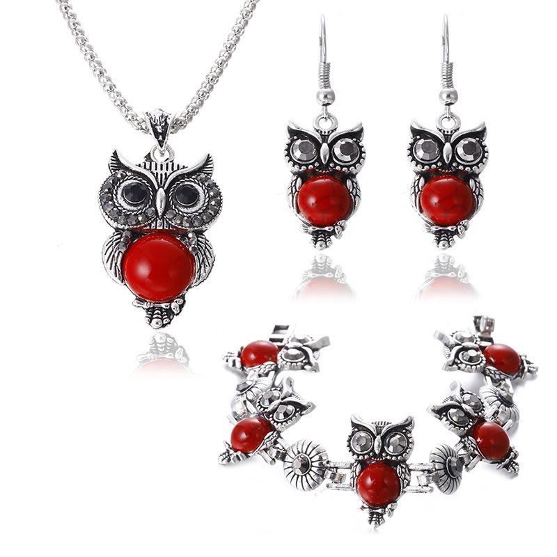 Металлический набор украшений с совой и бирюзой: Ожерелье, Серьги и Браслет - Европейская и Американская Мода