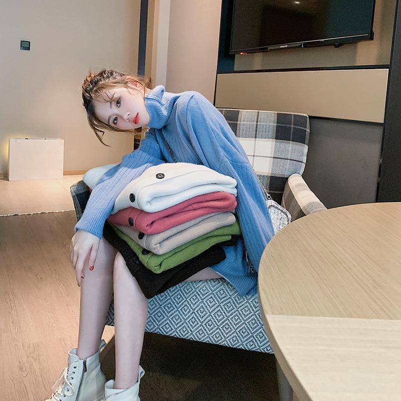 Однотонный вязаный свитер с высоким воротником, женский свободный свободный свитер с разрезом по бокам, женский пуловер с ленивым ветром, весна 2022 г.