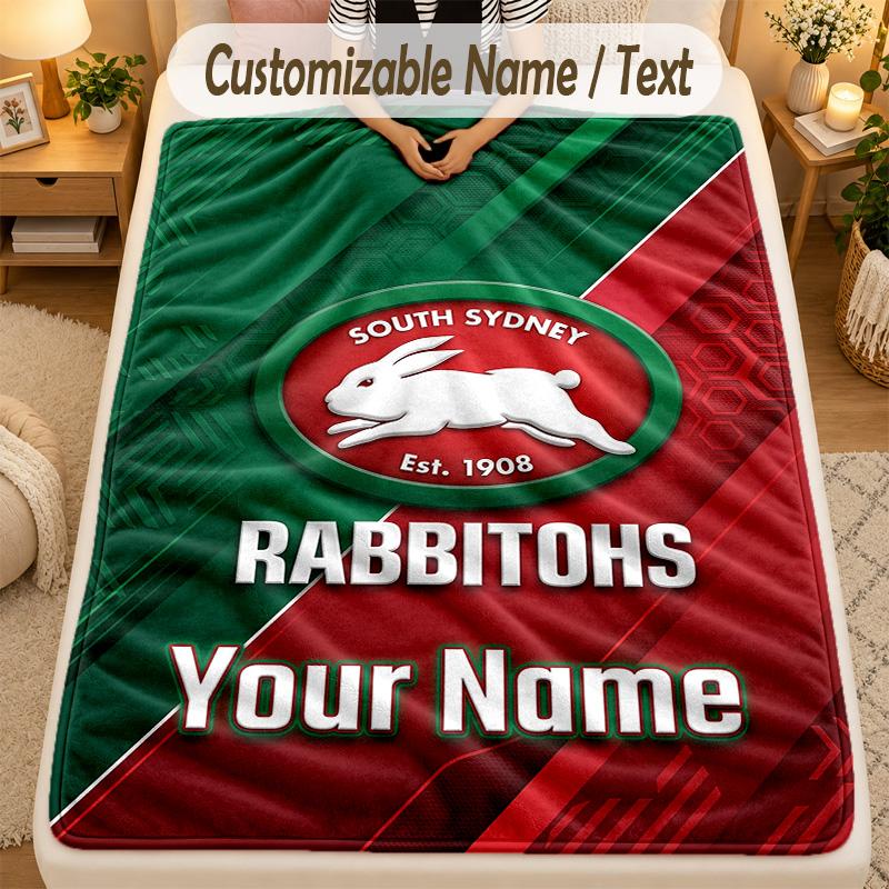 Flannel BlanketSouth Sydney Rabbitohs Custom Name Text Personalized Soft Warm Throw Blanket Home Decor Gift