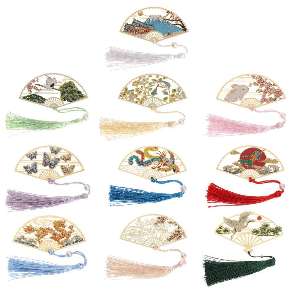 Supplies Retro Tassel Crane Flower Book Clip Brass Bookmark Folding Fan Shape Pagination Mark