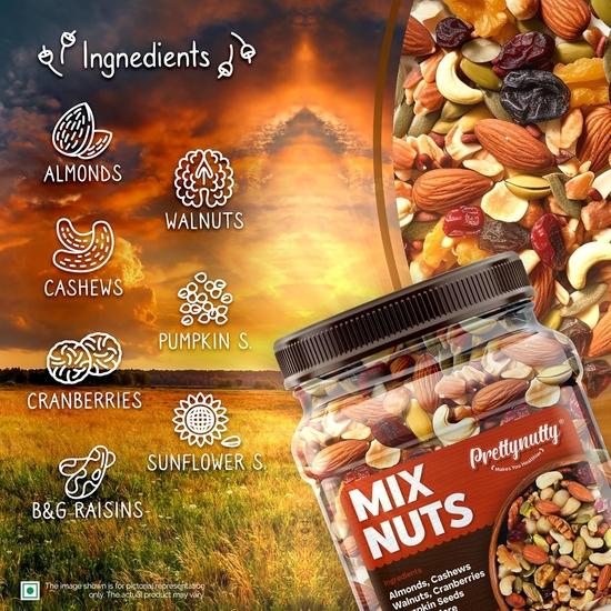 PrettyNutty Healthy Nutmix 500 г, сушеный миндаль, черный изюм, кешью, клюква, черные финики и многое другое. (Упаковка банок)