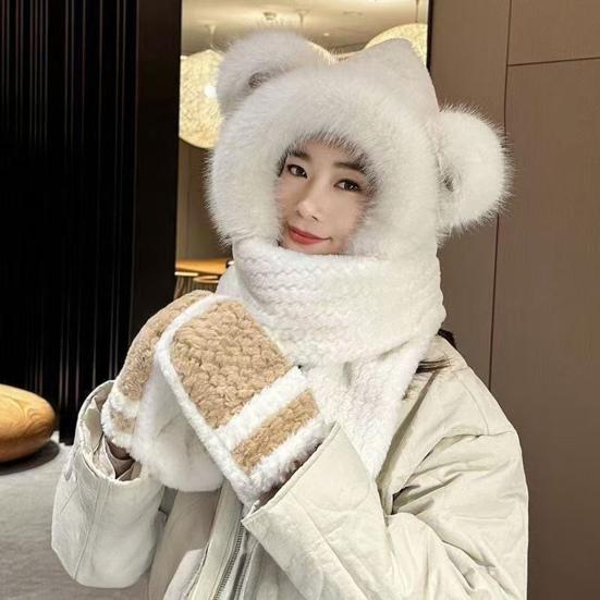3 In 1 Hat Scarf Gloves Set Bear Ear Decor Thickened Plush Winter Hat