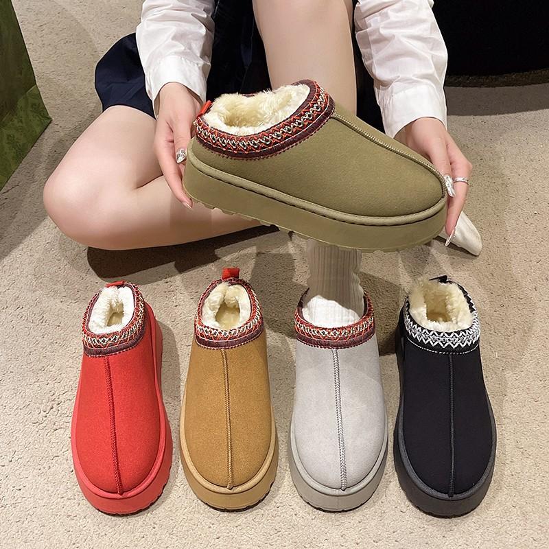 Women's Plus Size Fur Fleece One Foot Cotton Shoes Casual Short Tube Solid Color Thick Sole Snow Boots Velvet Half Slipper Shoes 36-43