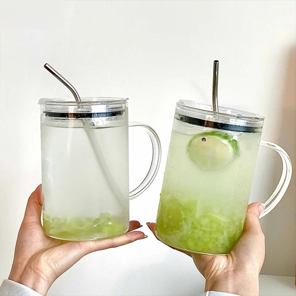 Transparent Glass Tumbler with Lid and Straw Drinking Glass Mug Glass Water Cup  Summer