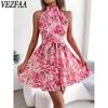 Women's Fashion Summer Spring Flower Pattern Print Sleeveless Half Turtleneck High Waist Casual Dresses