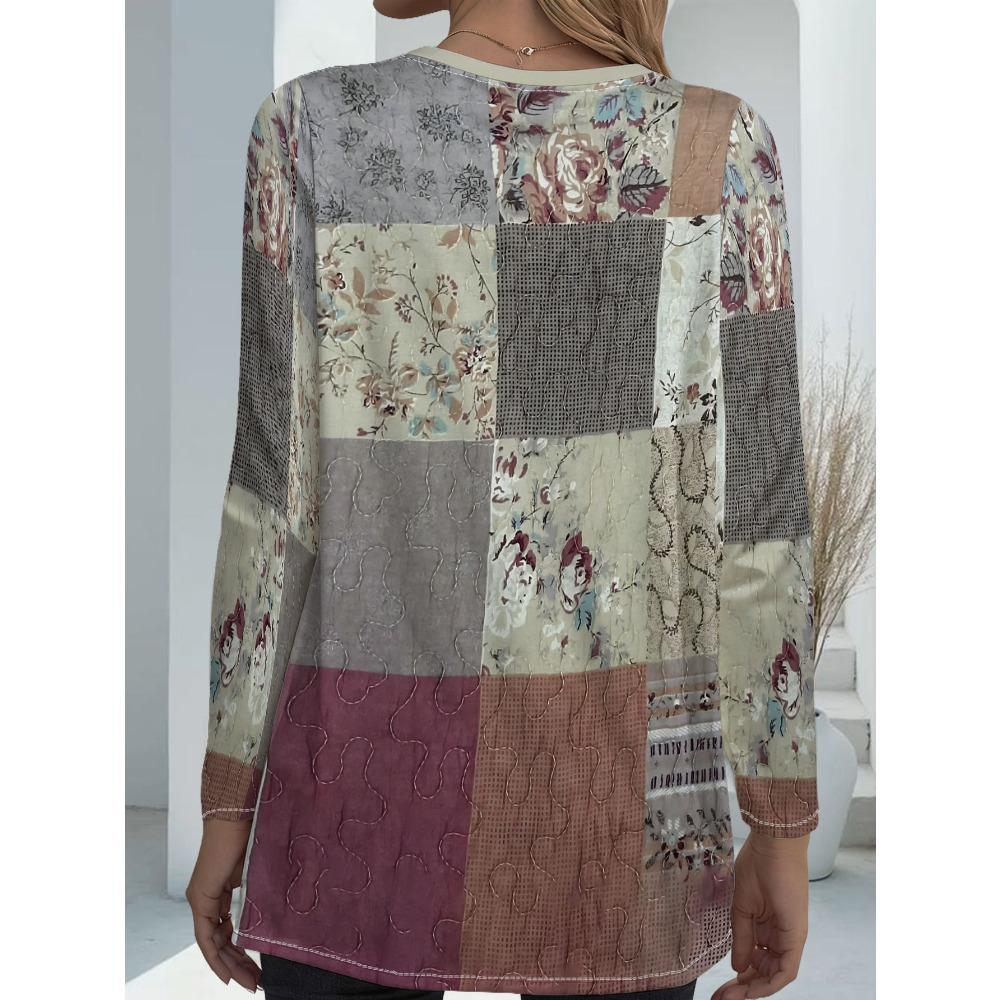 Women's plus size with pocket design retro splicing floral long-sleeved T-shirt, loose and thin casual top