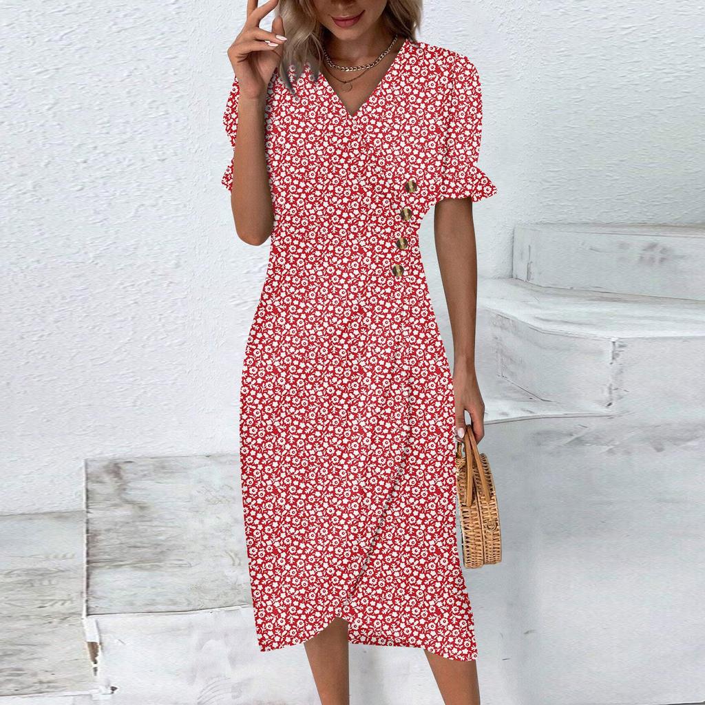 Beach Dresses For Women Spring Summer Elegant Wrap V Neck Floral Boho Dress Flowy Ruched Hawaiian Maxi Dress