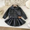 Girls' Autumn PU Leather Biker Outfit: Korean Fashion Jacket & Pleated Skirt Set