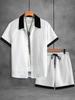 Men's 2 Piece Contrast Color Textured Short Sleeve Set, Lapel Shirt & Shorts Summer Casual Outfit