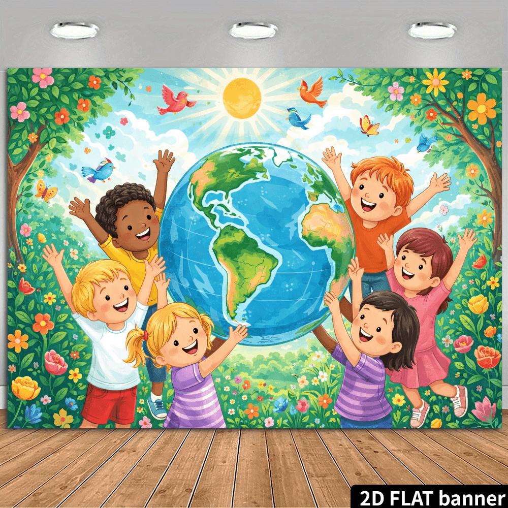 2D plane background cloth with the theme of embracing the earth. Sunlight, birds and lush flowers surround the earth.