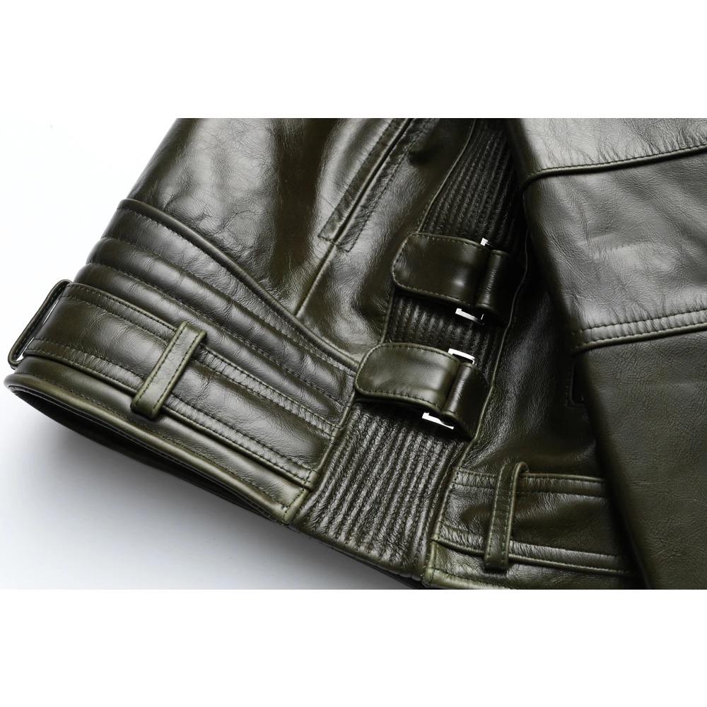 Chinese Size Unique Army Green Motorcycle Jacket Men Leather Jacket 100% Oil Wax Cowhide Motor Biker Jacket Male Leather Coat Winter M455