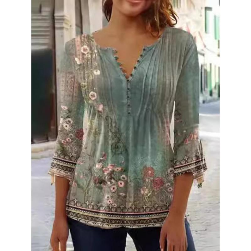 Весенне-летняя мода Новая женская футболка с цветочным принтом, V-образным вырезом, коротким рукавом, плиссировкой и пуговицами, базовая