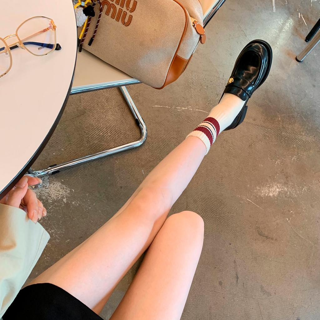 Cowhide Version~ Small Leather Shoes British Style Women's High Versatile Round Head Gold Buckle One Pedal Thick Heel Loafers Uniform Single Shoes