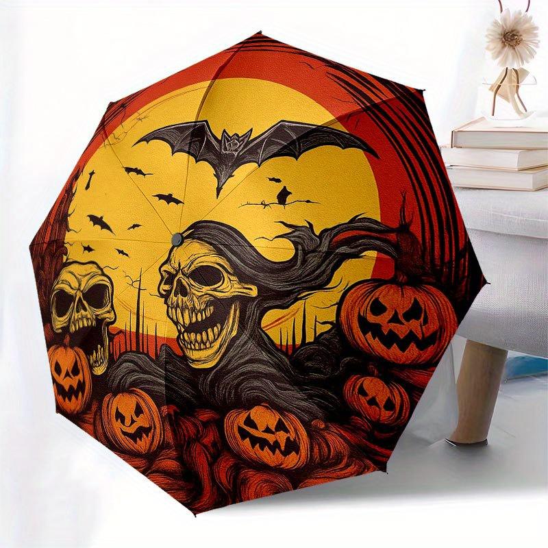 Halloween Spooky Night with Skulls and PumpkinsUmbrella with Cute Design, Portable 3-Fold Compact Umbrella for Men & Women, Valentine's Day Mother's D