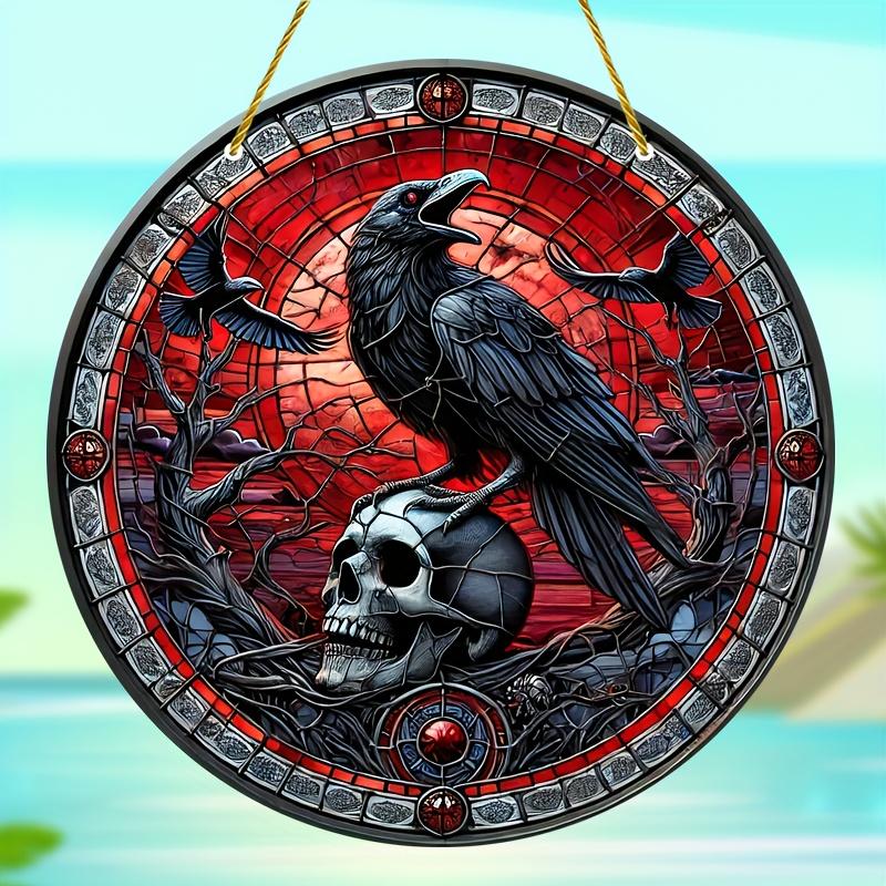 Crow Suncatcher 8"x8" - красочное искусство черепа для окон и стен, идеально подходит для любого сезона, декор крыльца и сада, идеальный подарок, украшения на Хэллоуин