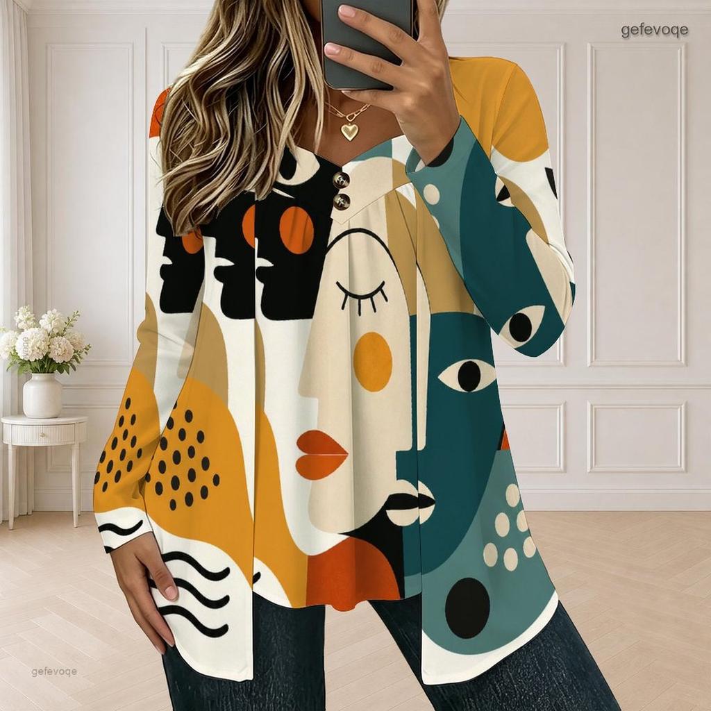 Women Plus Size Square Neck Long Sleeve Printed Button Detail Faux Two Piece Top