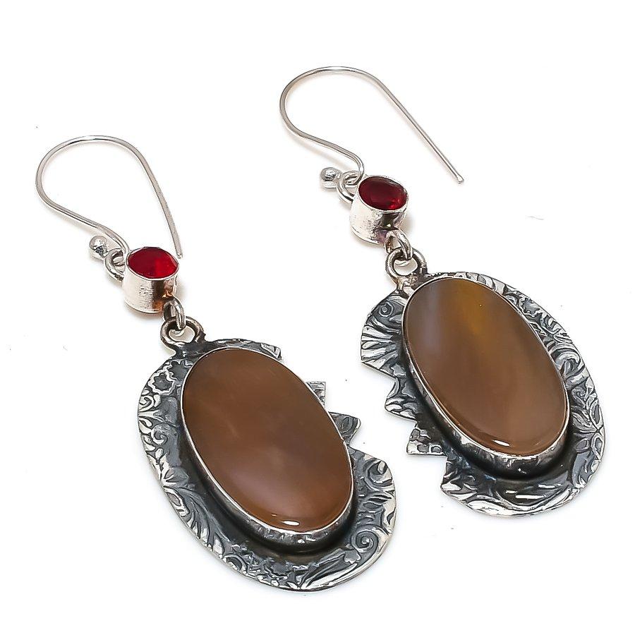 Natural Mookaite, Garnet Gemstone 925 Sterling Silver Earring 2.52" ME-469