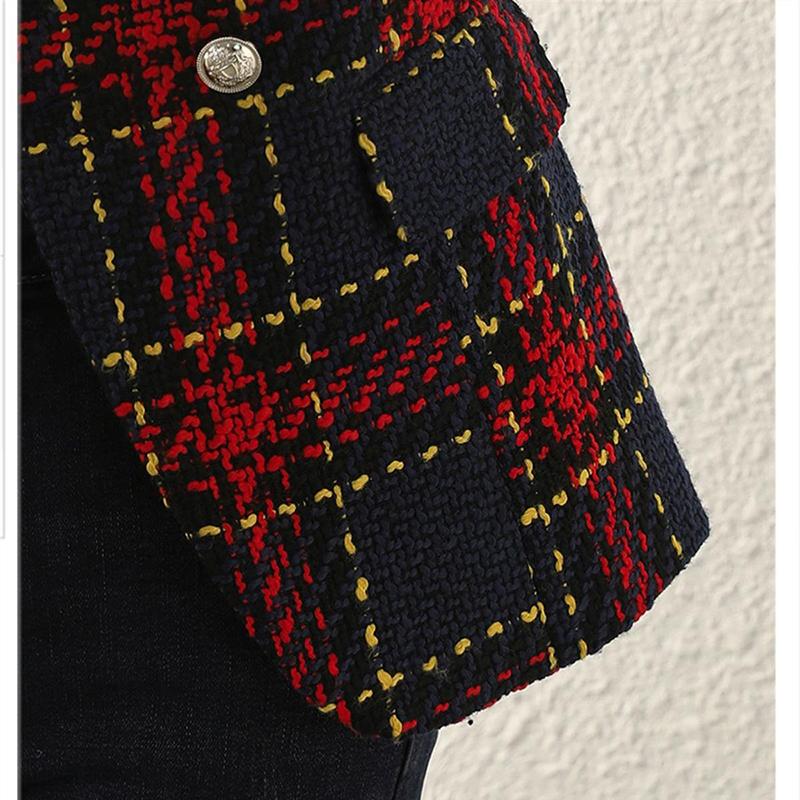 Высококачественный твидовый пиджак с небольшим ароматом, женский винтажный клетчатый короткий пиджак, модный тонкий двубортный пиджак с v-образным вырезом, женский