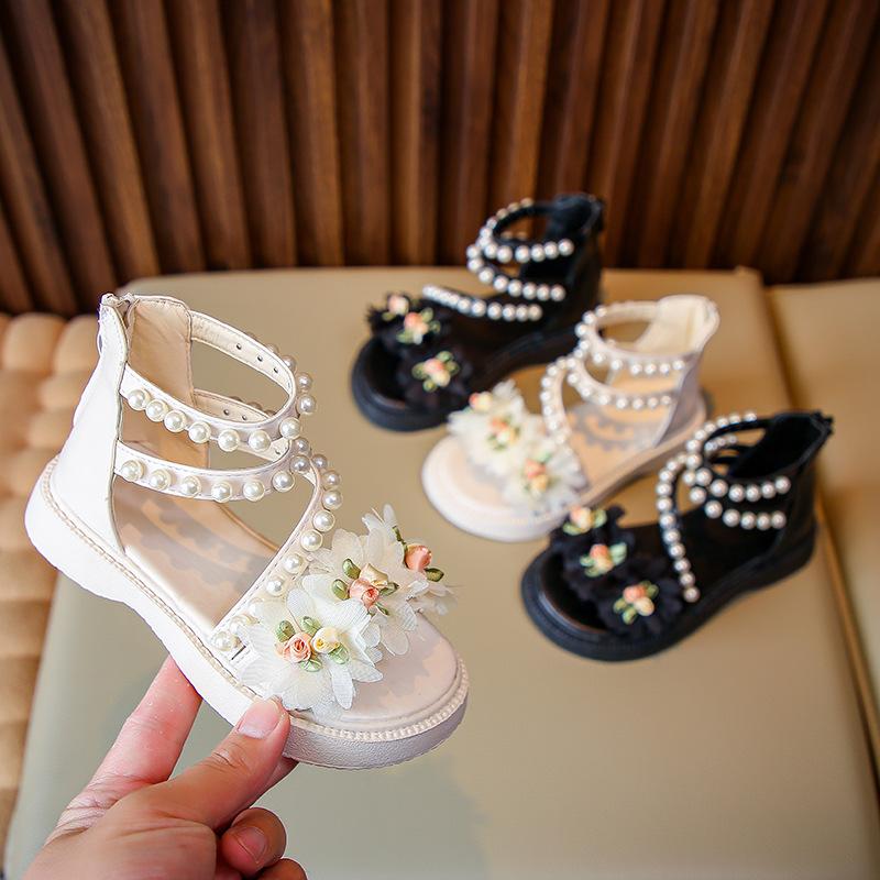 New Girls Princess Sandals Summer Sweet Flower Children Causal Roman Sandals Fashion Beading Kids Open-toe High-top Sandals Soft