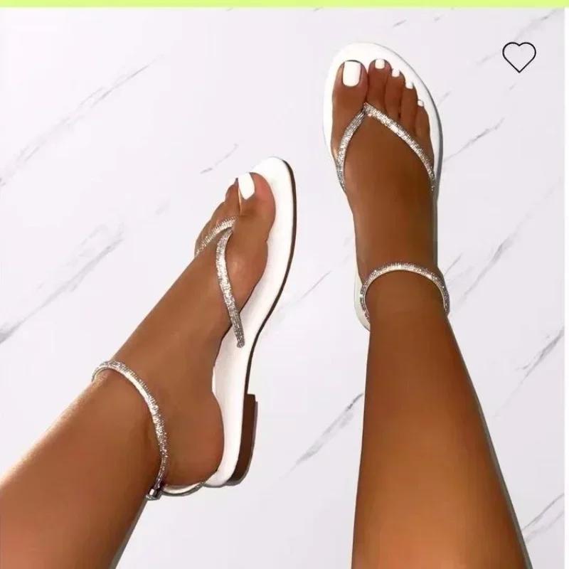 Женская обувь 2024 года, летние женские сандалии с ремешком на щиколотке, пляжные шлепанцы, модные золотые римские женские сандалии на плоской подошве Sandalias De Mujer