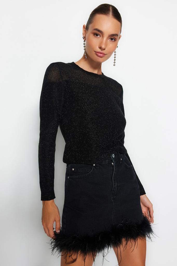 Женский модный новый свитер, черный блестящий прозрачный трикотажный свитер