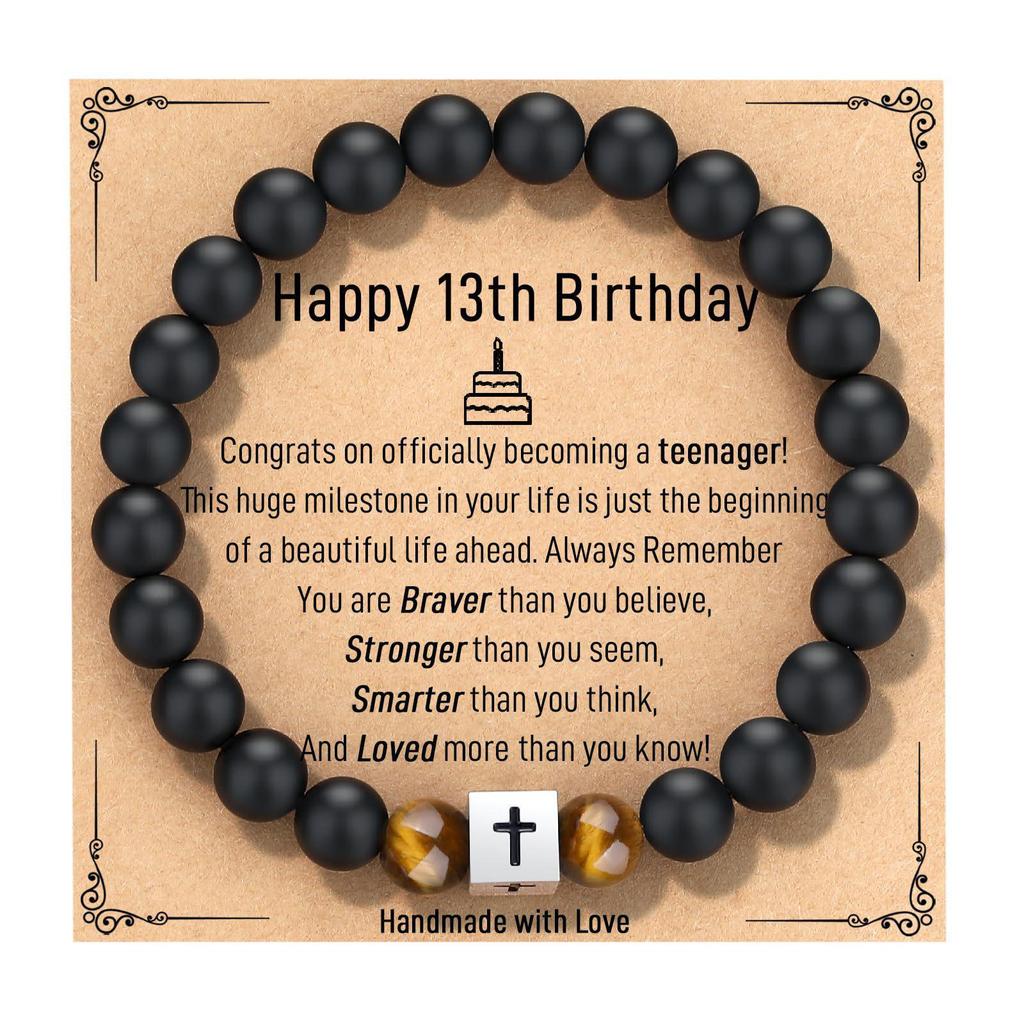Black Matte Stone & Tiger Eye Square Cross Pendant Bracelet