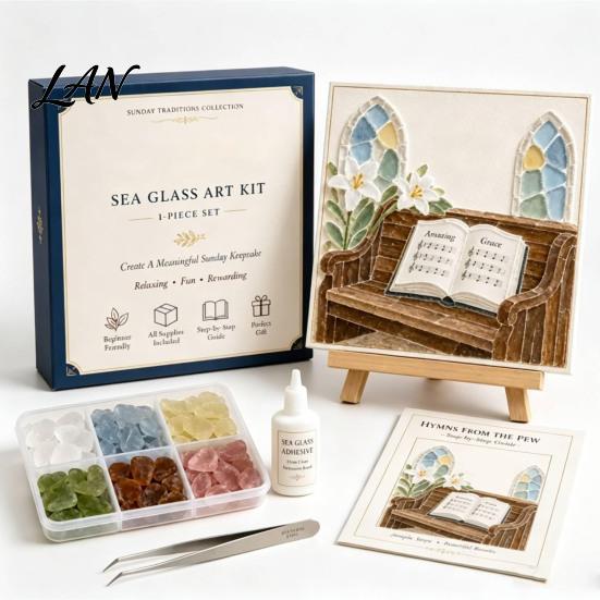 Unique Handmade Gift for Friends Sunday Traditions Sea Glass Art Kit, DIY Mosaic Kit Morning Craft Adults Teens, Home Decor Tranquil Projects