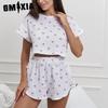 Хлопковая пряжа Хлопок с принтом Свободный Мягкий С коротким рукавом Шорты Женская одежда для сна