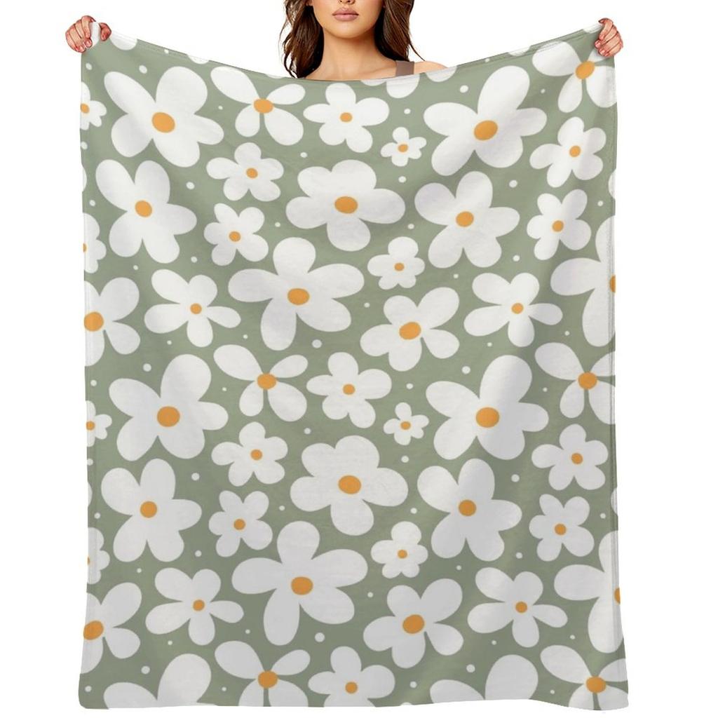 Groovy Daisies Floral Retro Daisy Pattern Sage Olive Green Throw Blanket Hairys Bed covers Softest funny gift Blankets