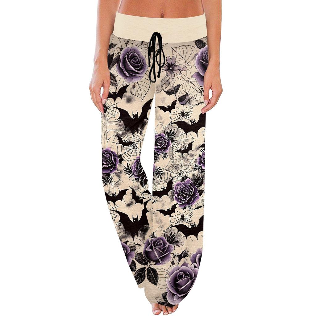 Женские повседневные модные удобные пижамные брюки с принтом Хэллоуина, широкие брюки с завязками