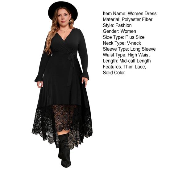 Платье большого размера из черного кружева с V-образным вырезом, длинным рукавом, вышивкой, кружевом, высоким низким подолом, длинное платье, женское платье для коктейльной вечеринки