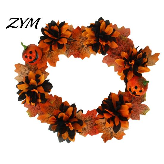 Decorative Pendant for Wall Halloween Wreath Front Door, Artificial Fall Maple Leaf Rose Pumpkin Spooky Elegant Holiday Decor Wreath, Autumn