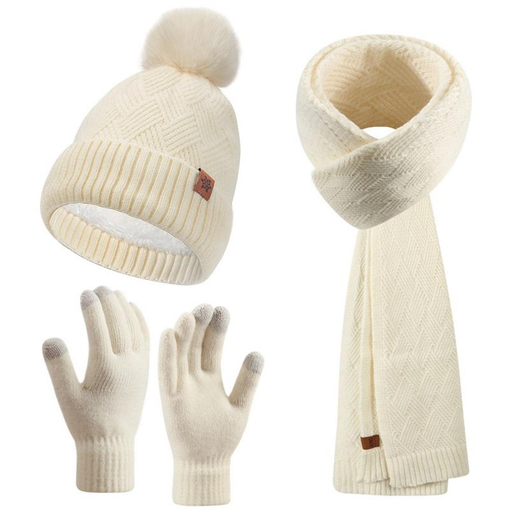 3pcs Wool Hat Scarf Gloves Set Solid Color Winter Beanie Hat Neck Warmer Thermal Knit Cap Winter