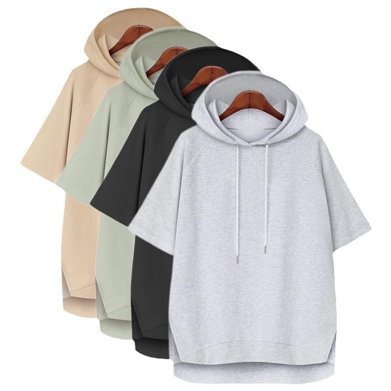 Однотонная футболка на кулиске в корейском стиле: Женская толстовка с капюшоном, с коротким рукавом, свободного кроя, летняя