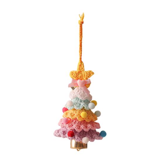 Knitted Christmas Tree Ornaments Mini Crochet Christmas Tree Hanging Pendant with Gold Jingle Bell for Holiday Home Party Decoration