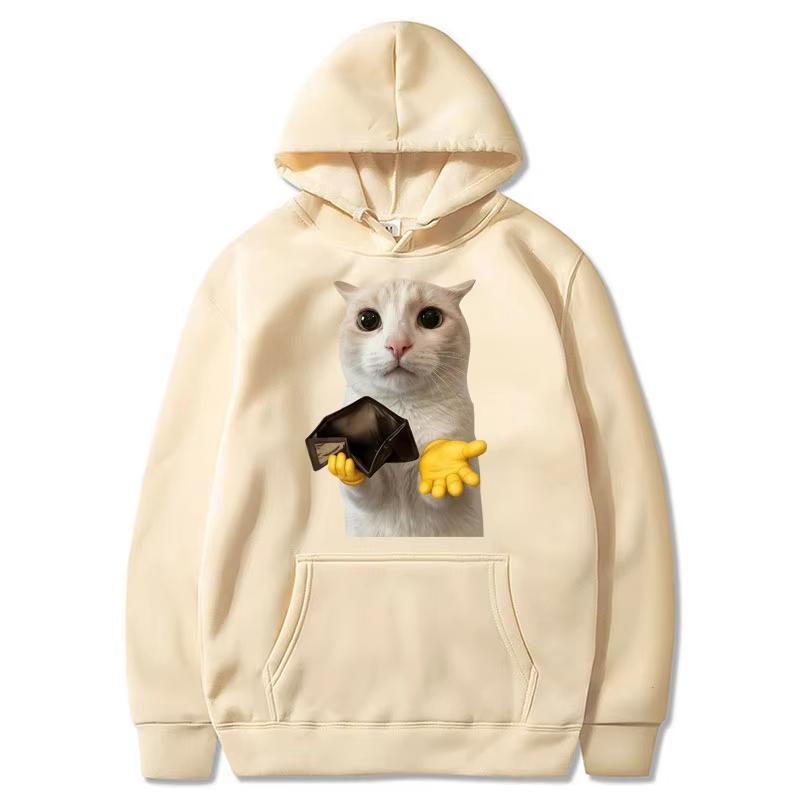 2026 Hot Sale Funny Cat Empty Wallet Kitty Emoticon Pack Meme Hoodie Casual Unisex Streetwear Vintage Printed Sweatshirt Loose Cozy and Versatile