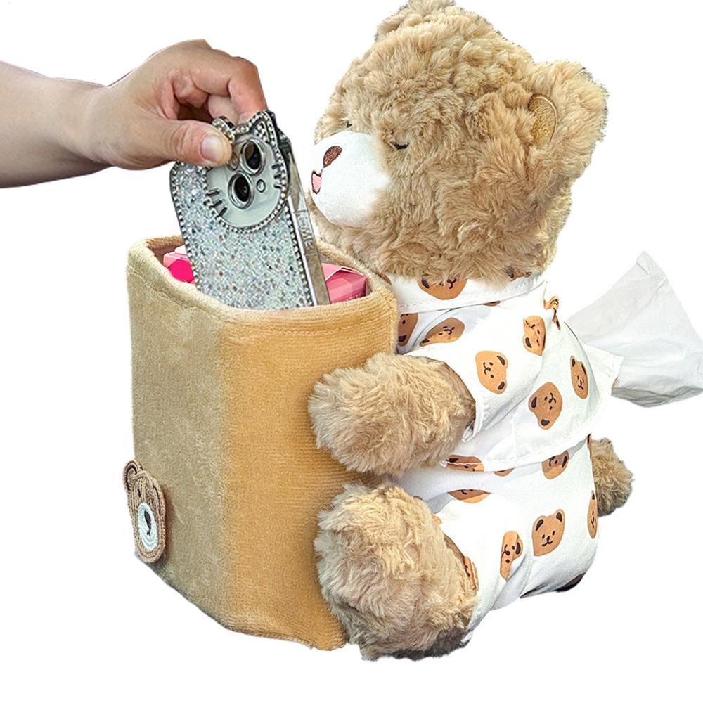 Cute Car Trash Can 2-in-1 Multifunctional Cute Plush Bear Waterproof Auto Storage Truck Trash Can For Home Desk Table Bedside